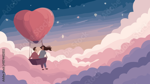 Couple on romantic hot air balloon ride through fluffy pink clouds