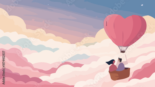 Couple in love flying high in heart shaped hot air balloon