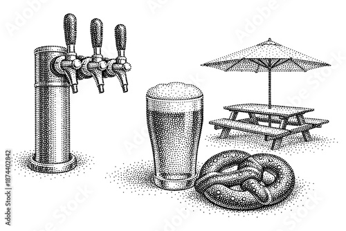 Beer tap and pretzel at outdoor picnic with dot art style in black and white