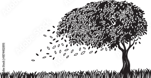 Black and white illustration of a tree with falling leaves on a white background Keywords: tree, falling leaves, autumn, wind, nature