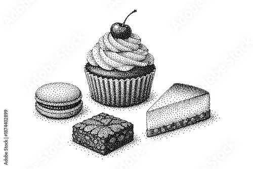 Halftone desserts: cupcake, macaron, cheesecake, and brownie collection