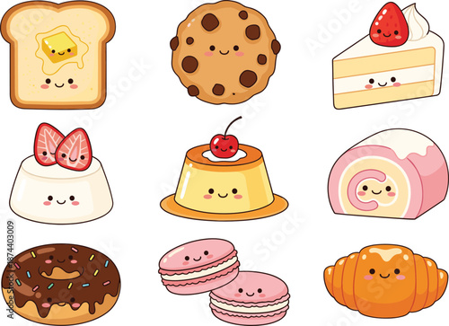 Cute kawaii dessert illustration set with cake cookies donuts macarons and sweet pastries vector