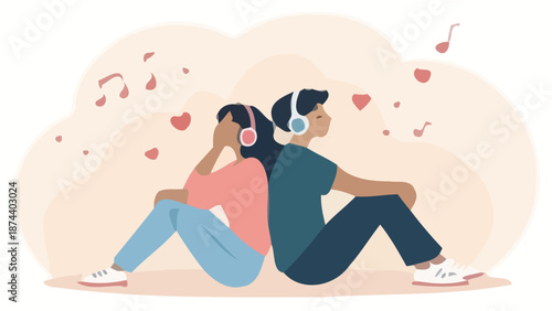 Couple sharing musical moment with headphones on sitting back to back