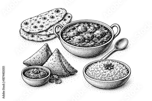 Traditional indian cuisine: sketched delights of rice, curry, and samosas
