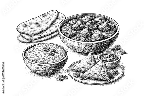 Traditional indian cuisine with curry, naan, and samosa in detailed dotwork style