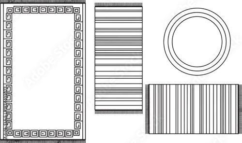 An elegant set of intricately designed rugs, showcasing various shapes and patterns with clean lines and detailed borders. The collection offers a sense of refined taste and functionality.