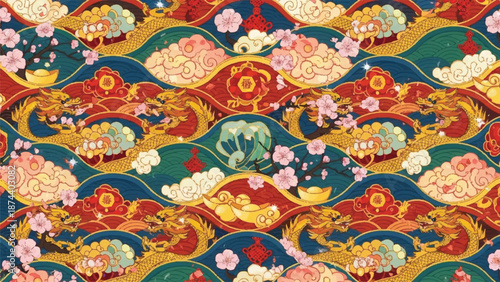 Vibrant Traditional Japanese Wave Pattern with Floral Motifs on Textile.