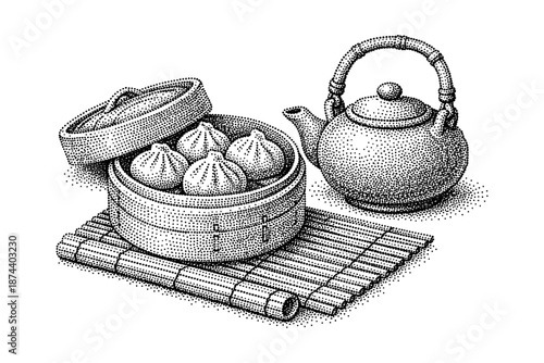 Traditional dim sum and teapot on bamboo mat in dot art style