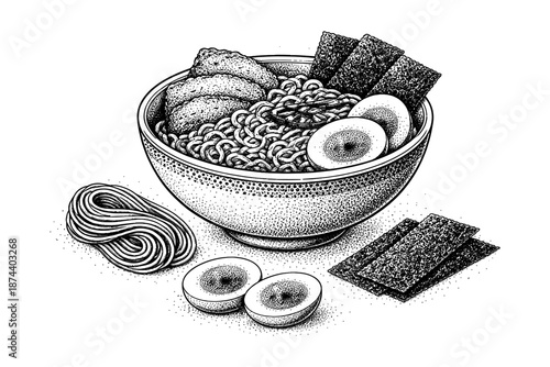 Hand drawn ramen bowl with eggs and noodles in stipple style