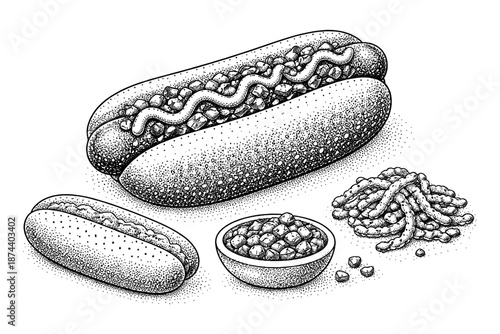 Stippled hot dog and toppings with onion rings and beans in vintage style