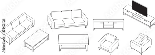 Modern furniture set is displayed showcasing stylish couches, cabinets, coffee tables, and chairs. This captivating sketch offers a glimpse into a world of design. 