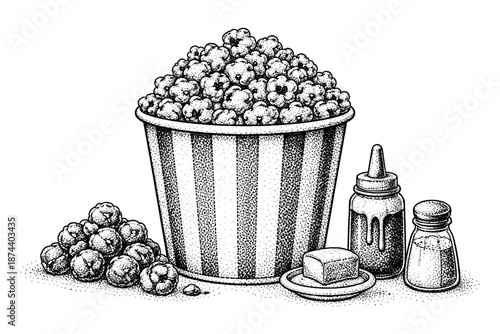 Hand-drawn popcorn bucket with seasoning ingredients in detailed vintage style