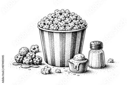 Detailed vintage dot art popcorn and salt shaker scene in black and white