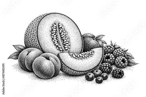 Vintage stipple art of melon and mixed fruits with peaches and berries