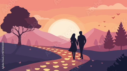 Romantic couple walking hand in hand on sunset path