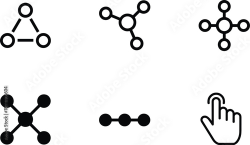 Professional technology icon set featuring various network node structures linear connections and a finger touch selection gesture symbol.