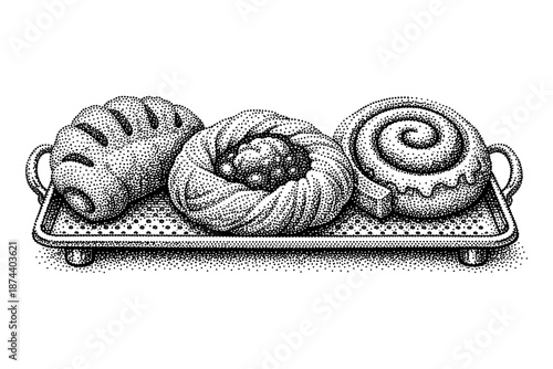Vintage bread tray with croissant and pastries in halftone style