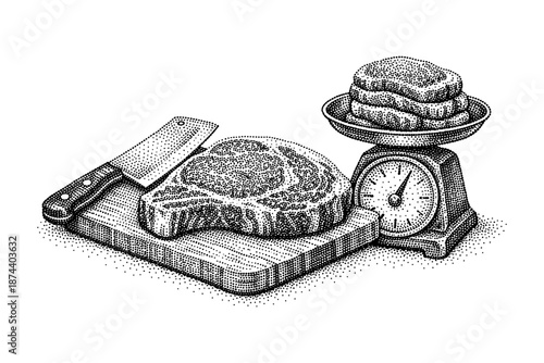 Vintage engraved meat cleaver and steak on cutting board with scale