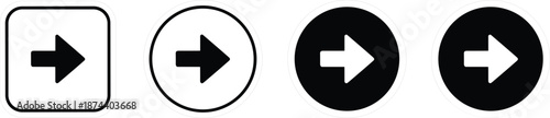 Professional black and white arrow icon set featuring right pointing directional symbols in square and circular button shapes