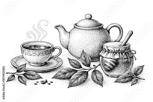 Elegant dotwork tea set with honey and leaves in vintage style