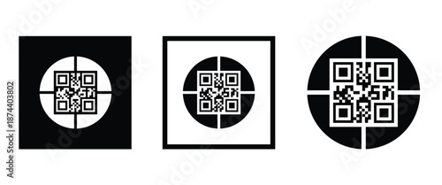 Three bold black square frames, each containing a classic black and white QR code pattern. Clean, minimalist vector design arranged horizontally on transparent background. Ideal for tech branding.