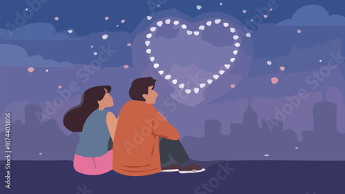 Couple sitting together under a romantic heart shaped sky