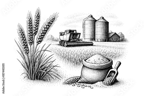 Vintage farm harvest scene with haystack and silos in black & white