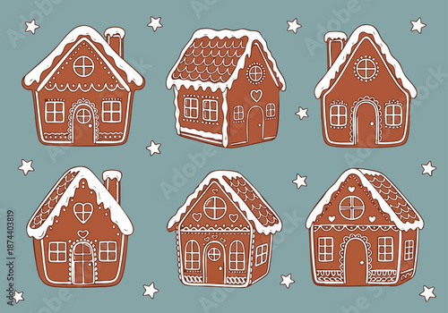 Whimsical gingerbread houses decorated with icing and surrounded by stars perfect for holiday crafting and design projects