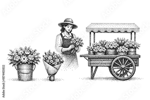 Charming floral market scene with flower cart and bouquet arrangements in dot art style