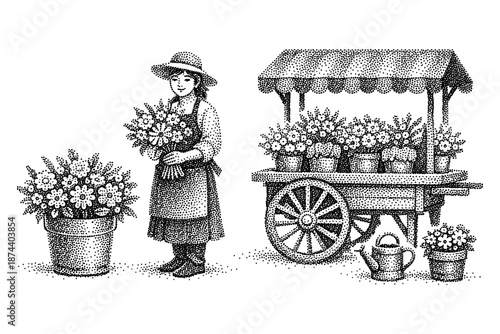 Vintage dot art: woman with flower cart and bouquet in retro style