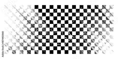 Race flag grunge background, car rally or motocross finish flag with vector checker pattern. Grunge race flag for car racing sport or bike speedway, motorsport