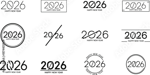 Set of Happy New Year 2026 Typography Logo Designs with Minimalist Black Text and Modern Geometric Layouts for Corporate Branding and Holiday Celebrations