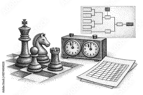 Chess match strategy: tactics and timing in halftone style