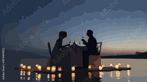 Romantic couple dining on serene lake at sunset with candles