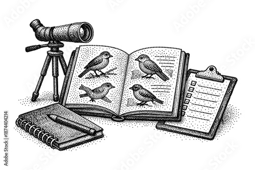 Vintage dotwork birdwatching tools and open field guide with notebook