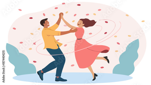 Joyful couple dancing together in a romantic outdoor setting