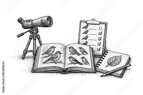 Vintage birdwatching tools with engraved style illustrations and detailed sketch elements