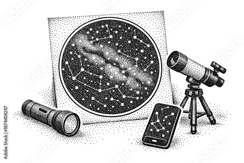 Night sky exploration tools: retro telescope, star map, and flashlight for astronomy enthusiasts