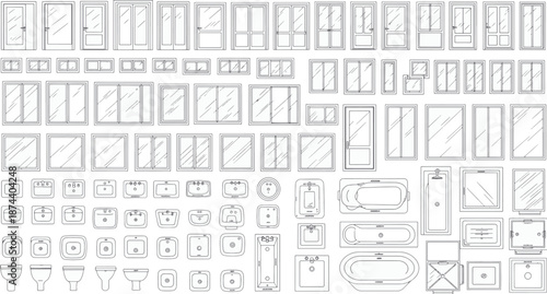 A detailed architectural blueprint showcasing a variety of windows, doors, sinks, and bathtubs.