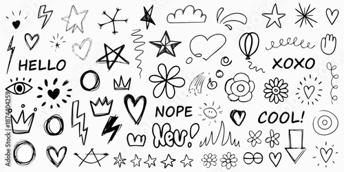 Collection of hand drawn doodles featuring hearts stars crowns and playful text