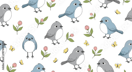 Cute seamless pattern with cartoon birds flowers and butterflies repeating background in soft pastel colors vector