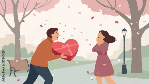 Man surprises woman with heart shaped gift in romantic park