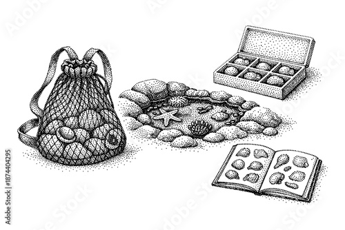 Vintage beachcombing scenes: seashell bag, rock pool, shell collection, and book