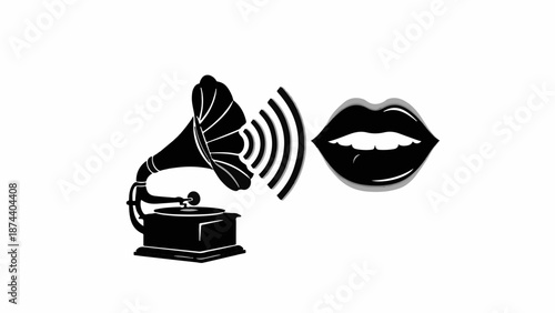 Vintage gramophone broadcasting sound waves towards expressive lips, symbolizing communication and sound.