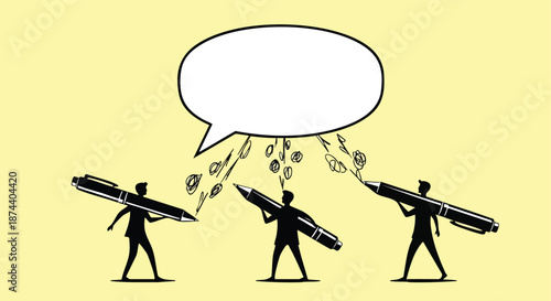 Three individuals engaged in creative expression via oversized writing instruments generating abstract art under a speech bubble on a pale yellow