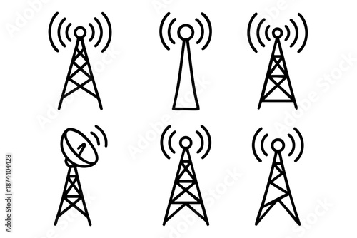 Radio tower and wireless signal silhouette icon set in black and white outline style