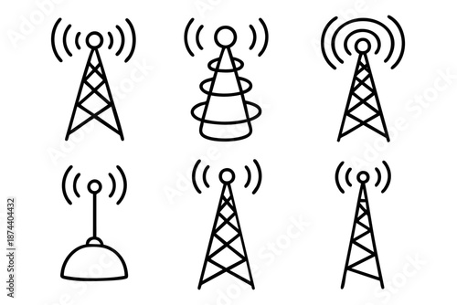 Radio tower and wireless signal silhouette icon set in black and white outline style