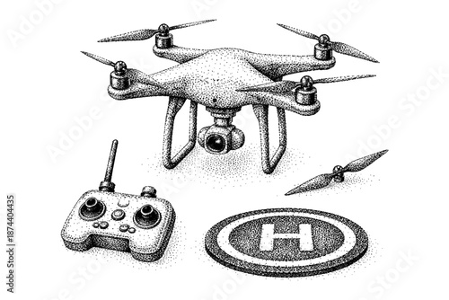 Intricate dot art of drone with camera, remote, and helipad in stipple style