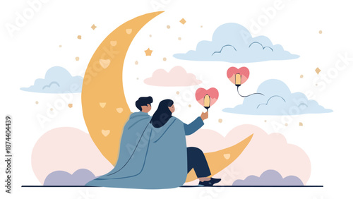 Couple sitting on moon with heart balloons romantic night