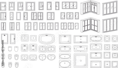 A meticulously crafted set of architectural elements are artfully arranged, presenting a variety of window frames, doors, sinks and bathtubs. Evoking design and structural ingenuity. 